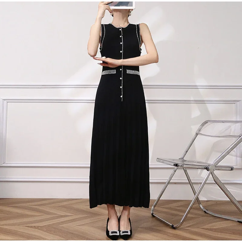 Holidays Knitted Sleeveless Women Dress Fashion O-neck Single Breasted Pleated Female Dresses 2024 Party Empire Lady Robe