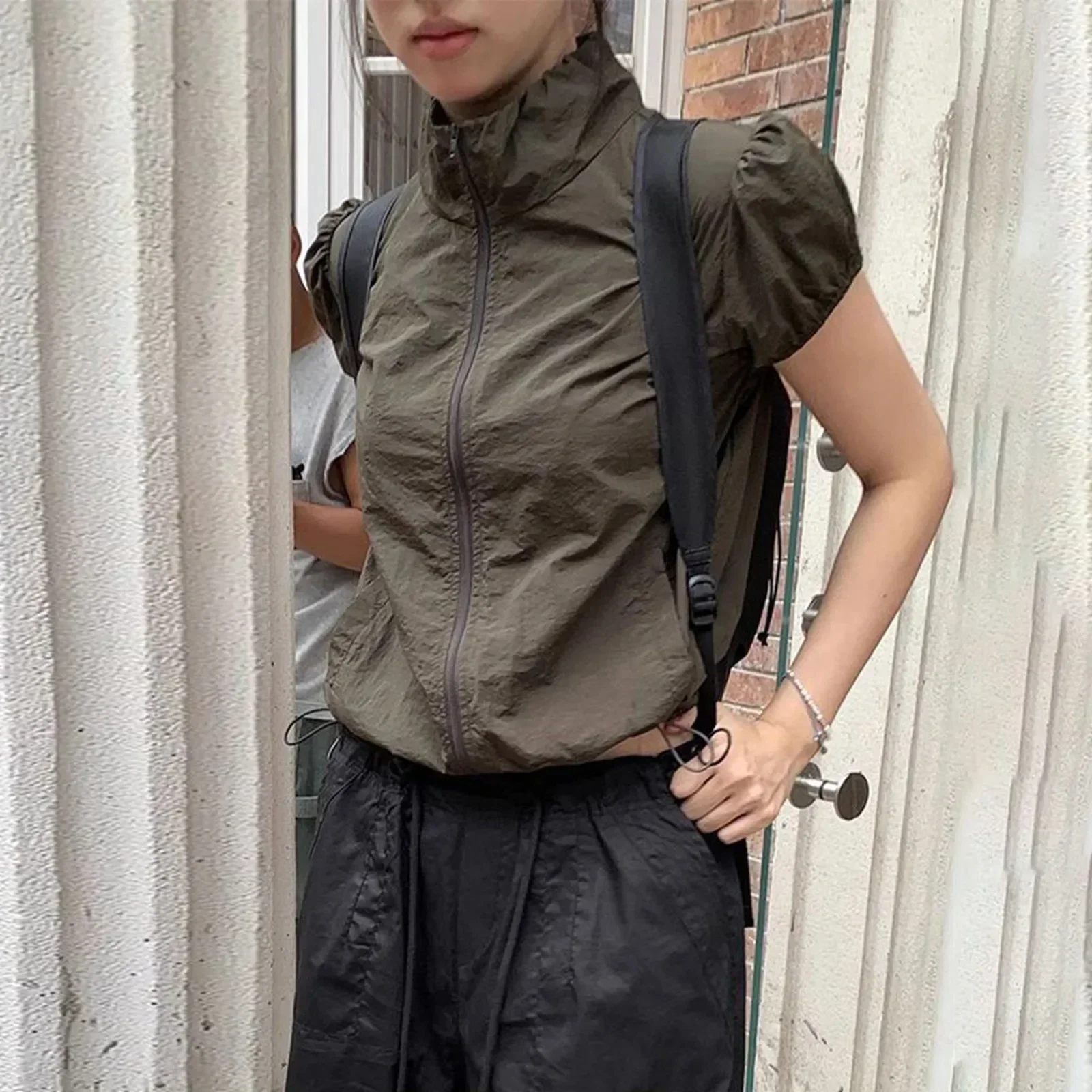 Casual Women Summer New Street Retro Top Camping Style Thin Zipper Stand Up Neck Short Sleeve Short T Shirt Linen Blouse