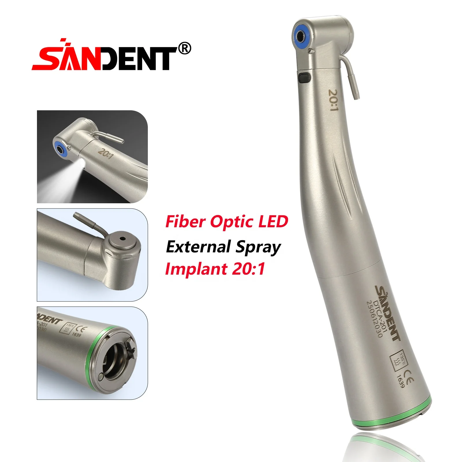de ntal Surgical LED Fiber Optic imp lant Handpiece 20:1 Reduction Push Button Contra Angle for Various E-type Motors