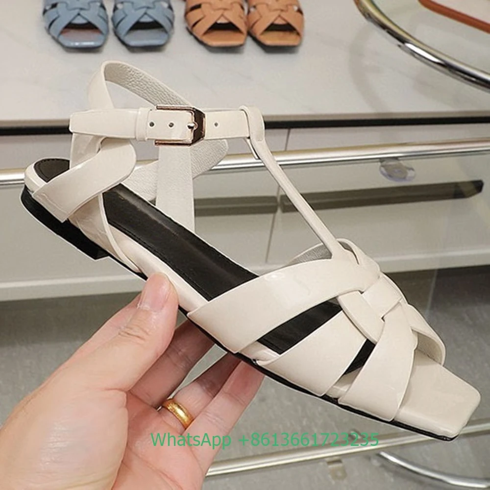 Women Cross Straps Square Toe Flat with Sandals Solid Color Open Toe Real Patent Leather Flat Sandales 2024 Newest Summer Sandal