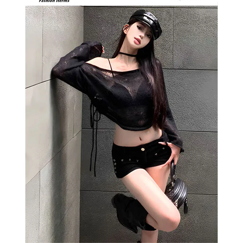 

Sexy Off Shoulder Waist Tied Irregular Pullover Women's Long Sleeve Knitted Tops Spring Autumn Korean Fashion New Black Sweaters