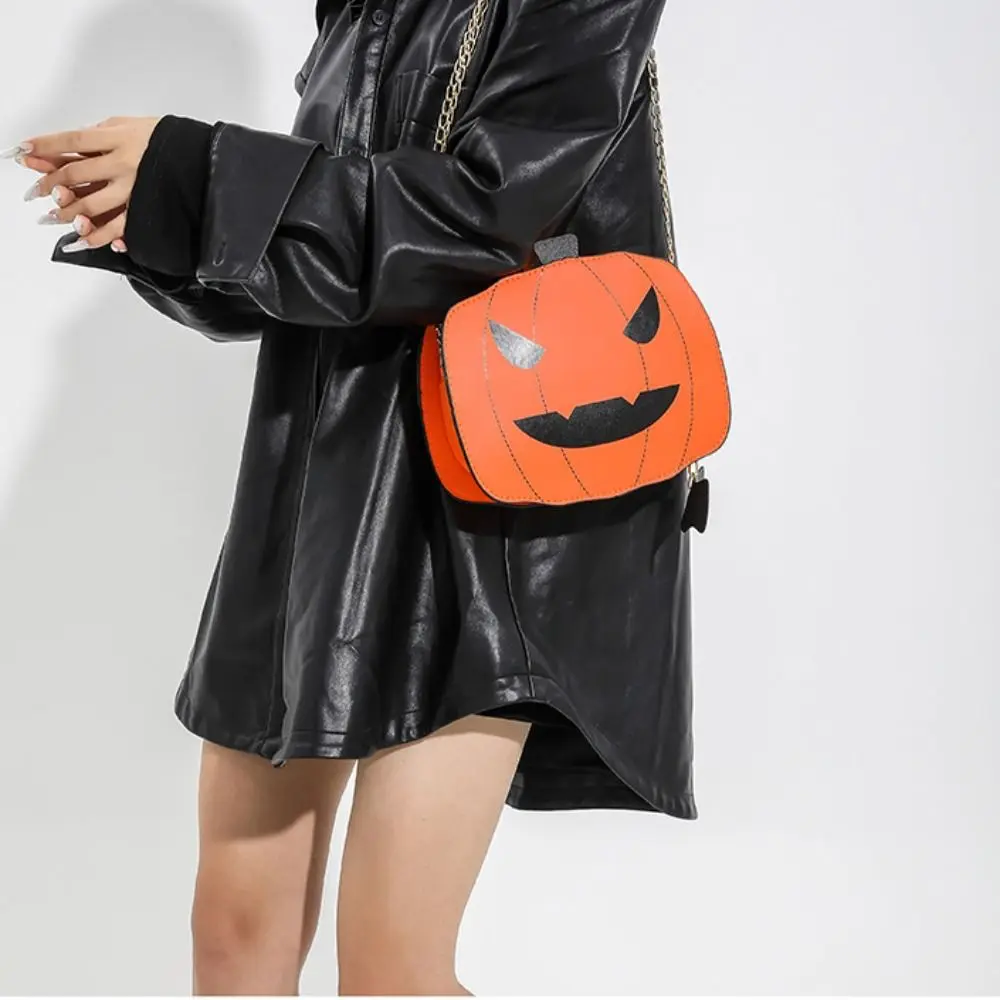 

PU Halloween Shoulder Bag Metal Chain Messenger Bag Pumpkin Shape Bag Small Purse Contrasting Colors Crossbody Bags Children's