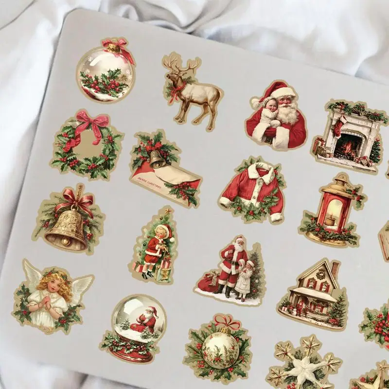 50 sheets Christmas Themed Stickers Decorated Laptop Phone Case Water Bottle Classic Toy DIY Elk, Santa waterproof Vintage Decal