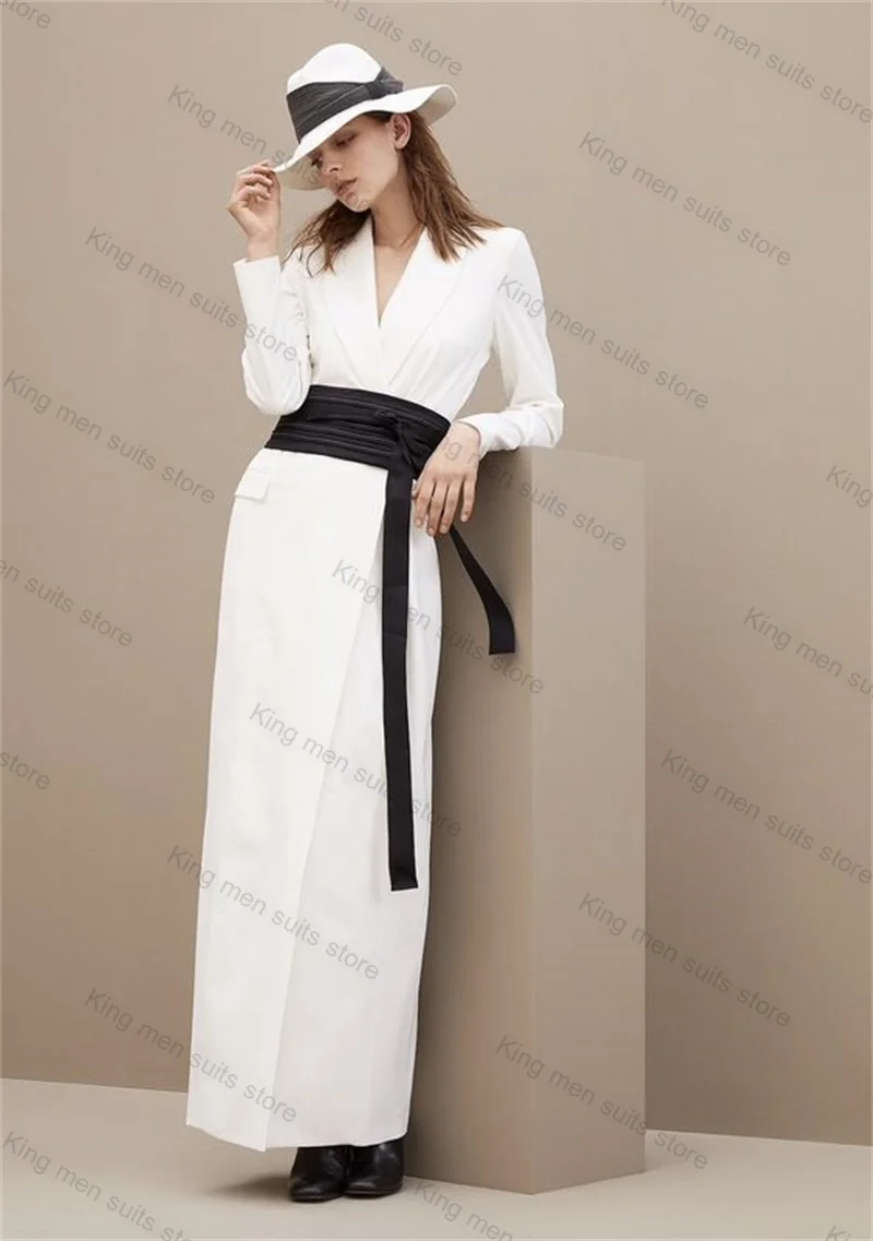 White Wedding Women Suit Skirt 1 Piece Long Blazer Prom Dress With Belt Custom Made Formal Office Lady Bride Tuxedos Jacket