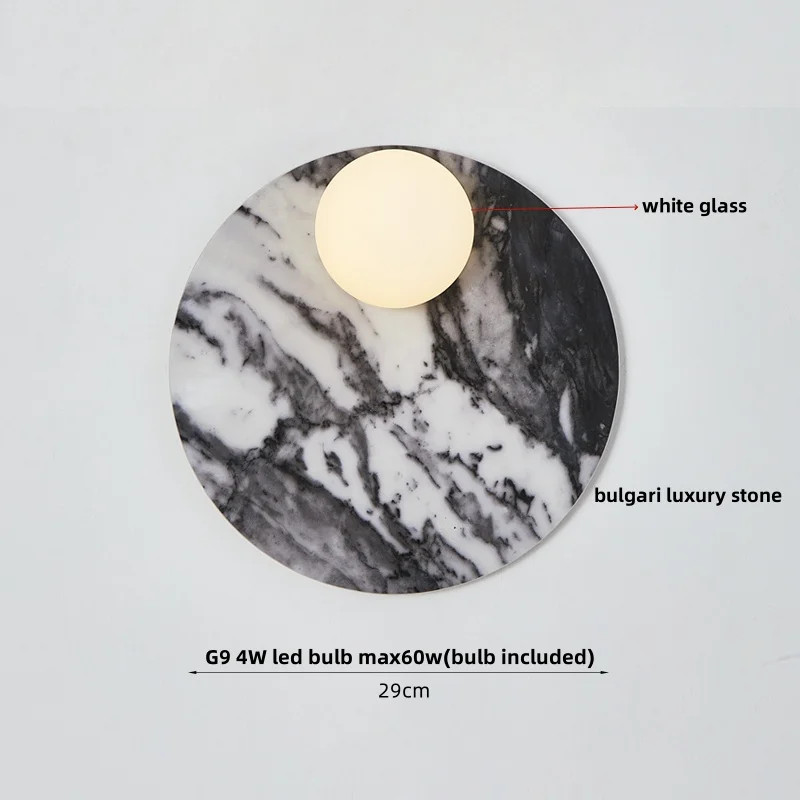 Lange ovale Bulgari natuurlijke marmeren wandlamp wit glazen bol muur scone eetkamer Scandinavische luxe trap gangpad naast stenen licht