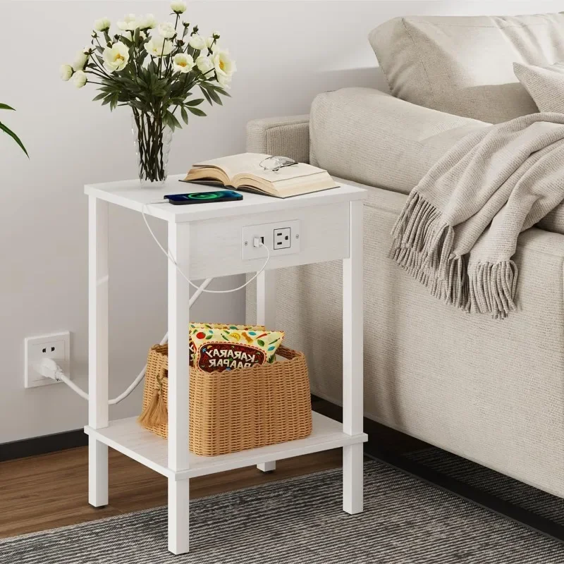 

Table with Charging Station, Narrow Side Table with USB Ports and Outlets, Nightstands with 2-Tier Storage Shelves