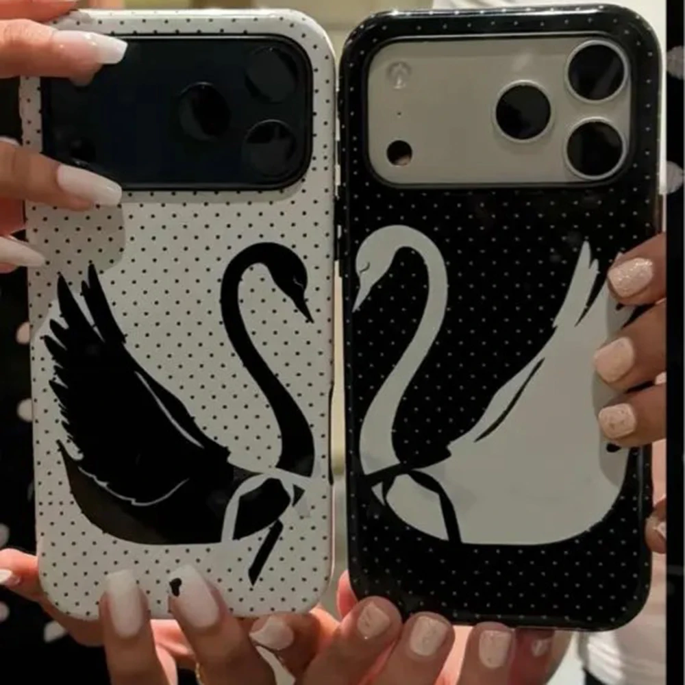 Ins White Swan Polka Dot Phone Case for iPhone 17 16 15 14 13 12 11 X XS XR Air Pro Max Plus Luxury Double-layer Back Cover