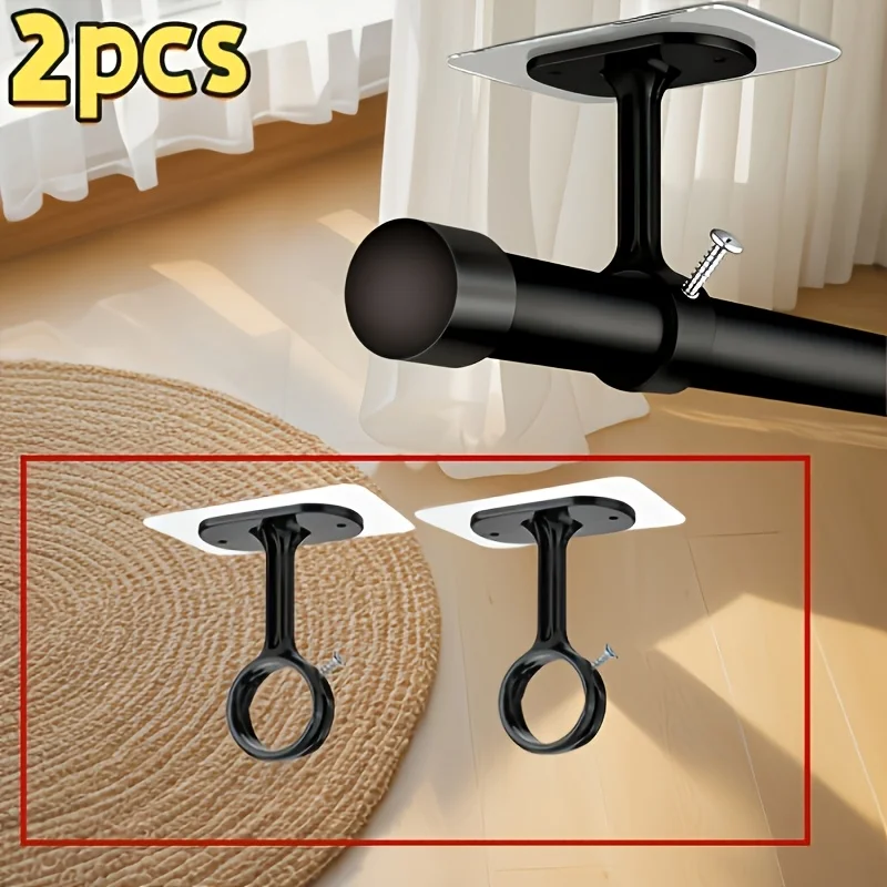 2pcs Heavy-Adhesive Ceiling Curtain Rod Brackets - No Drilling Installation, Adjustable Height, 1.2inch Diameter Rod Holders