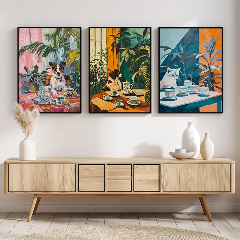 Vintage Cat Dog Have Afternoon Tea Funny Posters and Prints Canvas Printing Wall Art Picture for Living Room Home Decor Gifts