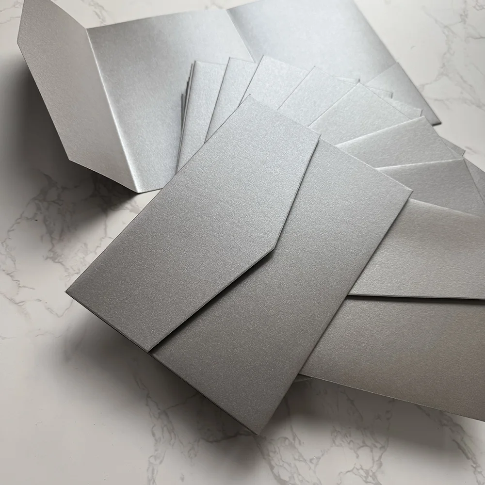 25pcs Blank Pocketfold Card Invitation DIY wedding paper envelope，DIY invitation，Metallic silver