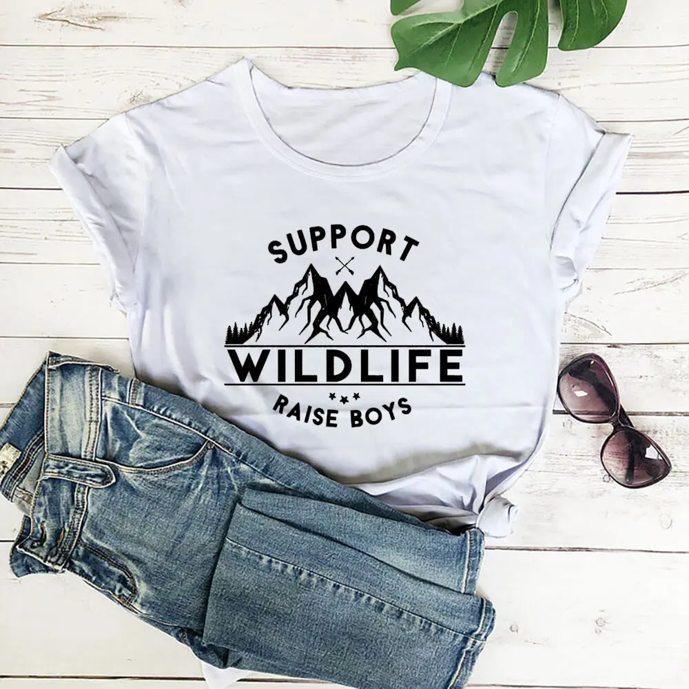 

Support Wildlife Raise Boys Mother's Day Shirt 100%Cotton Women Tshirt Women Funny Summer Casual Short Sleeve Top Gift for Mom