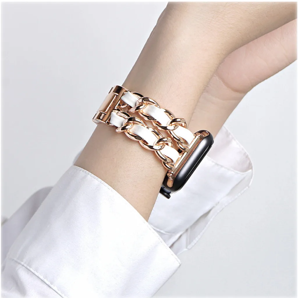 Geschikt voor Fitbit Versa 2/Versa Lite/Versaa 1/SE hoogwaardige lederen band, metalen ketting, modieus en voortreffelijk