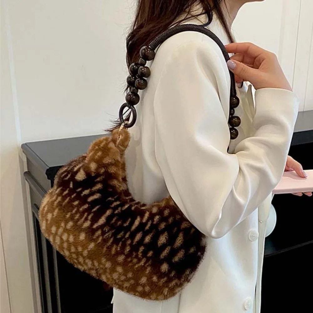 Underarm Bag Deer Print Crescent Bag Large Capacity Soft Handbag Wooden Beads Trendy Design Faux Fur Tote Office Ladies