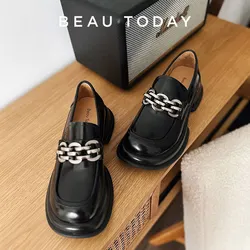 BeauToday platformy próżniaków kobiet prawdziwej skóry bydlęcej okrągłe Toe metalowe z dekoracyjnym łańcuchem Slip on przypadkowi buty damskie Handmade 26573