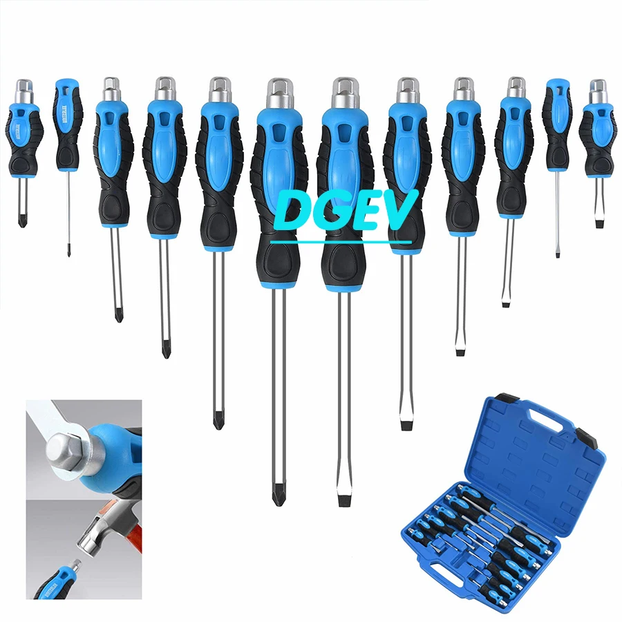 Jeu de tournevis magnétiques 12 pièces, jeu de tournevis robustes lames en acier Go-Thru, couple élevé 6 Phillips et 6 embouts à tête plate Sc