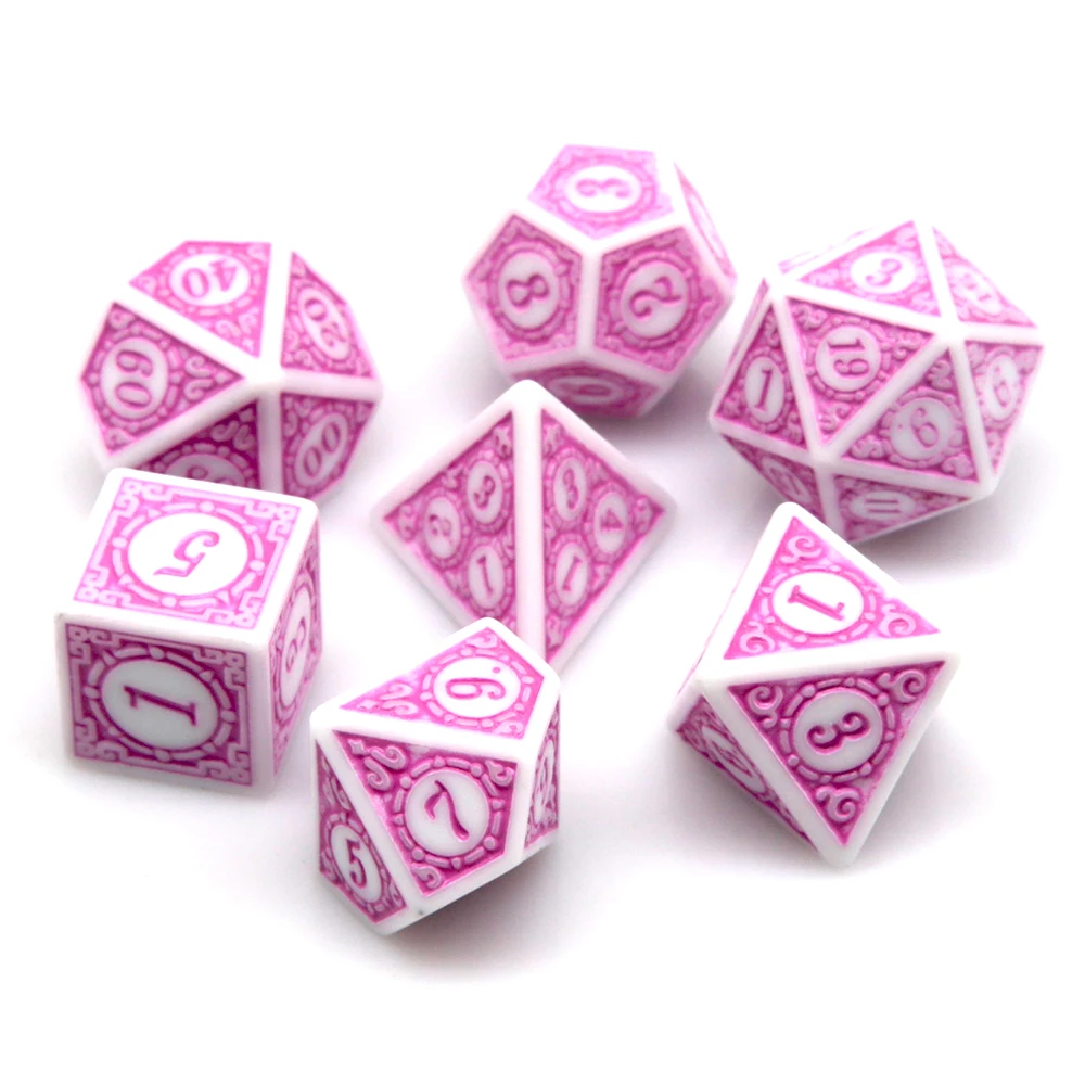 7Pcs White Pink Acrylic Polyhedral Dice Set Retro Pattern DND RPG Dice For Tabletop Role Playing Board Game Accessories