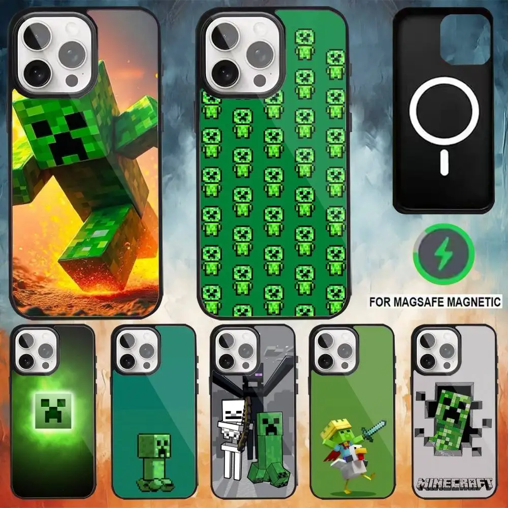 

Green Pixel Monster C-Creeper Phone Case For iPhone17,16,15,14,13,12,11 Plus,Pro Max Magnetic For Magsafe Wireless Charging