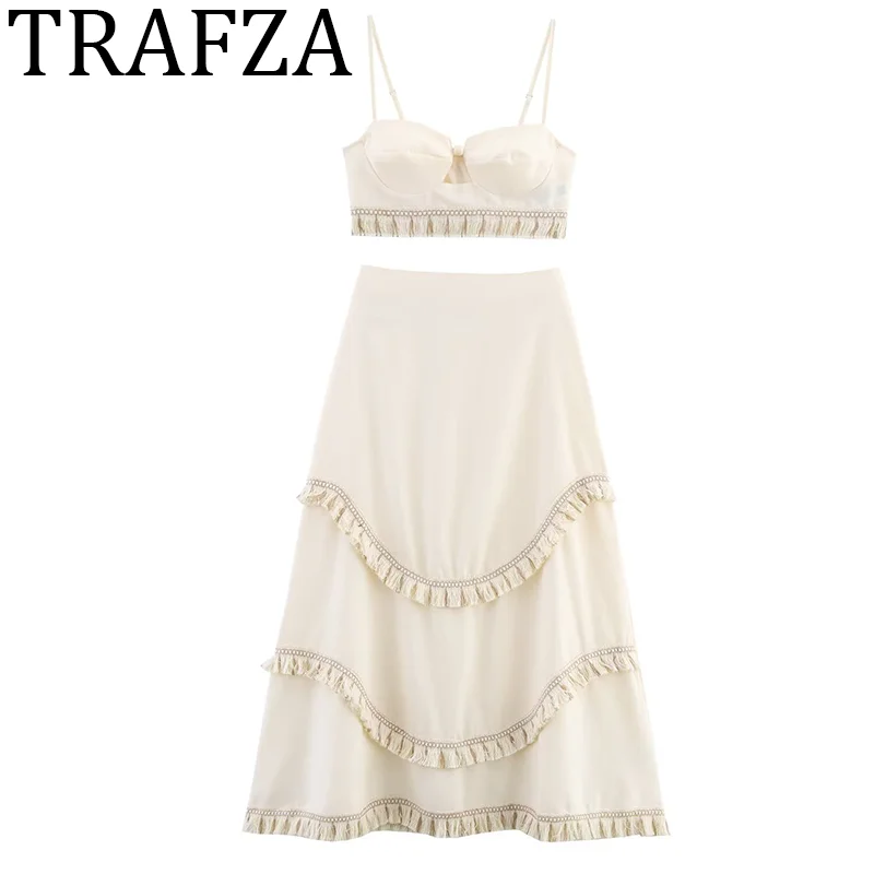 

TRAFZA Long Skirts Sets For Women 2 Pieces 2025 Fashion Corset+Fringed Skirt Women's Suit Casual Two Piece Set Women Outfit