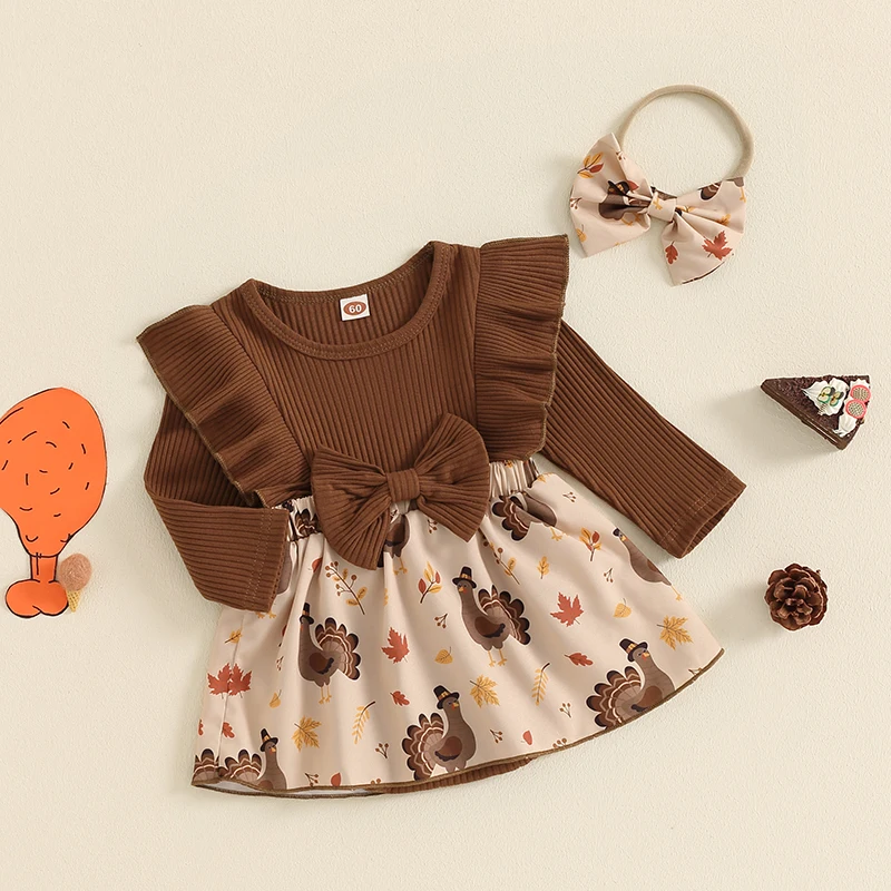 SXYPAYXS-Baby Girls Rompers Dress Thanksgiving Clothes Ribbed Ruffles Turkey Pumpkin Pie Print Skirt Hem Jumpsuits