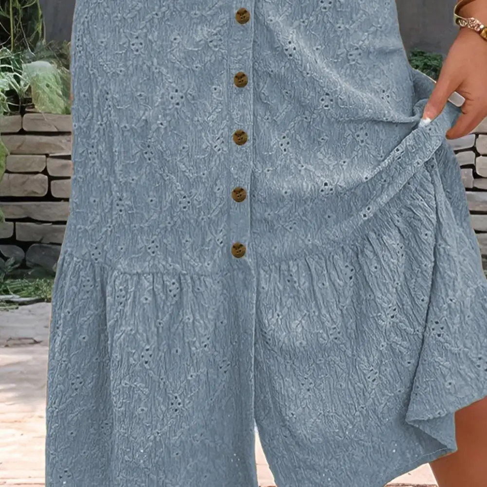 Elegant Solid Color Dress Women’s Ruched Maxi Dress Button Down Shirt Dress Summer Beachwear Short Sleeve V-neck Swing