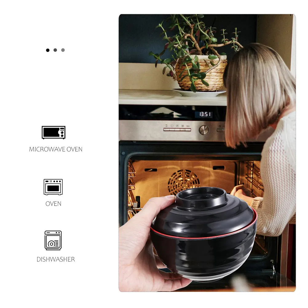 

2pcs Melamine Soup Bowl Covered Insect Proof Dustproof Easy Clean Fall Resistant Heat Resistant Japanese Style Miso