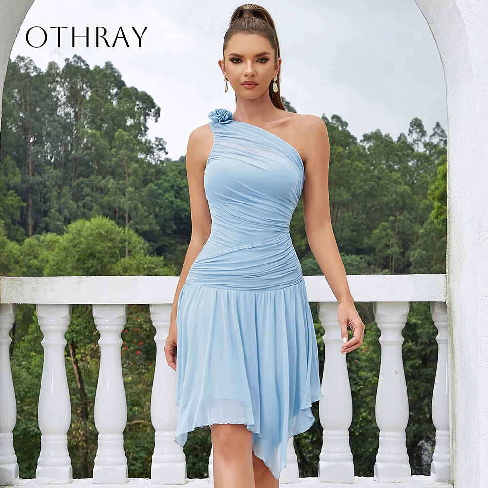 

Flower One Shoulder Chiffon A-line High-low Cocktail Dresses Sleeveless Pleated Customized Party Dresses vestidos de gala