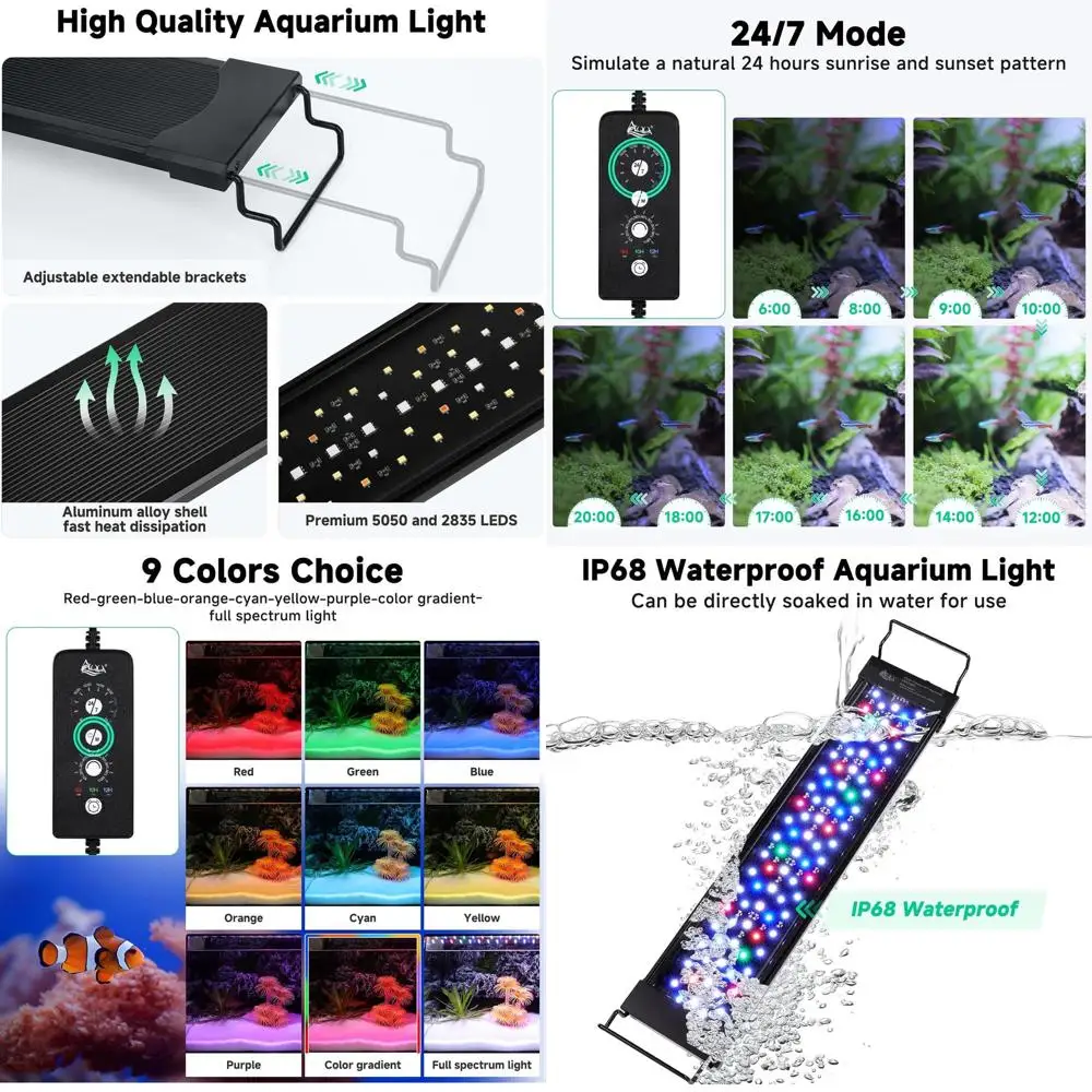 

24/7 Waterproof LED Aquarium Light with Full Spectrum for 48-55 Inch Tanks, Adjustable Timer and Brightness Memory Function