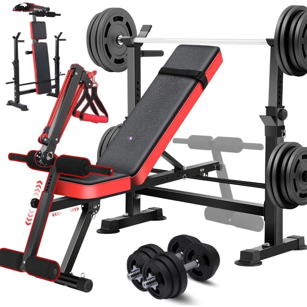 6 in 1 Weight Bench Set with Squat Rack Foldable Adjustable Bench Press Set with Removable Foot Catch Foldable Strength Training