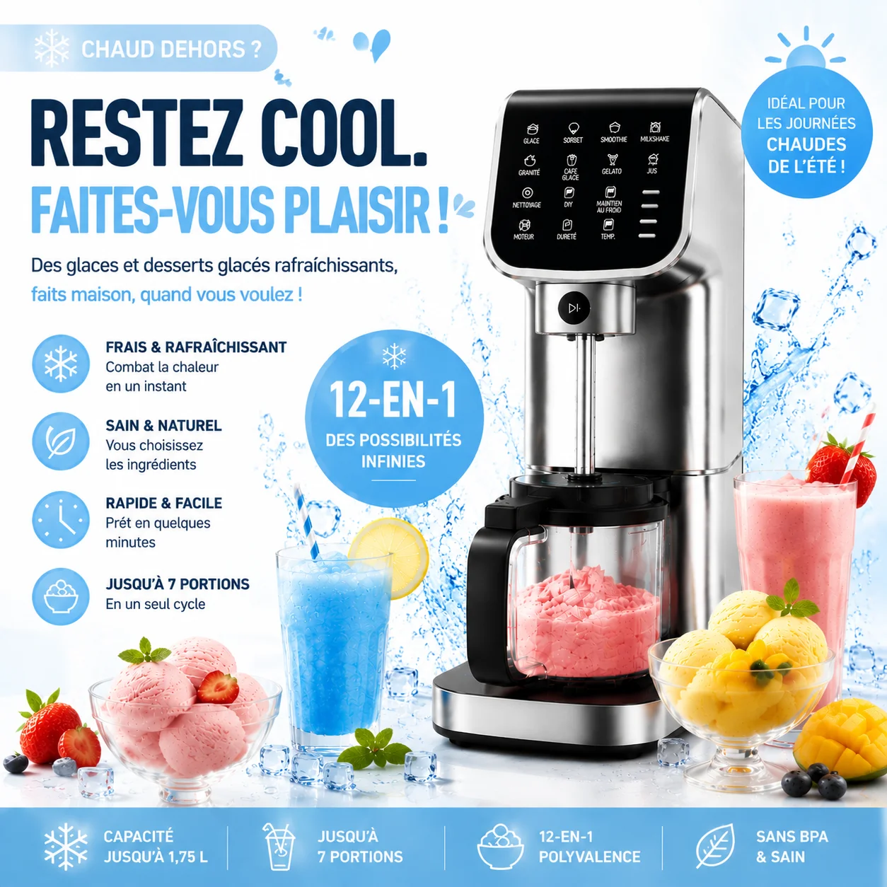 Machine à glace IcyTreat 1,5 L/57 oz, pas besoin de glace, machine à slush domestique avec 12 programmes prédéfinis, sa…