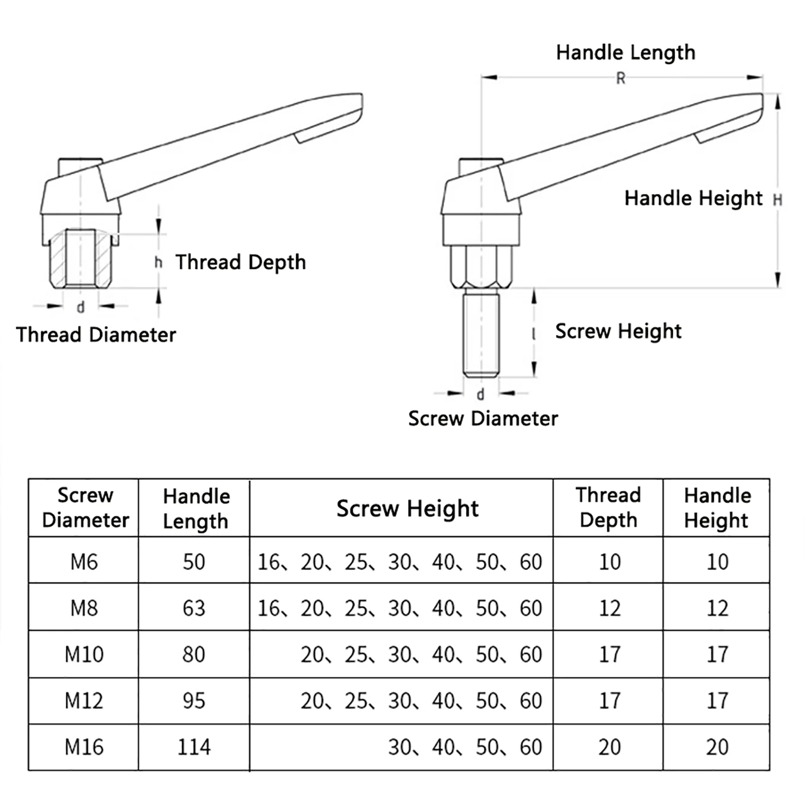10PCS Adjustable Handle Lever Clamping Handles Metal Knob Machinery Tools Male Female Thread Diameter M4-M16 Length 10mm-80mm