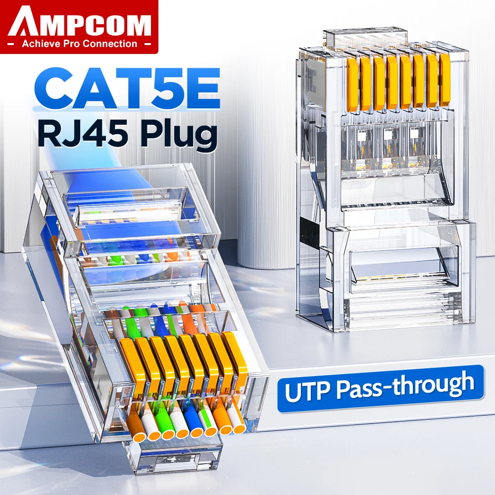 AMPCOM CAT5e RJ45 Connector 8P8C Modular Ethernet Cable RJ 45 Ends Ethernet Cable Crimp Connectors UTP Network Plug