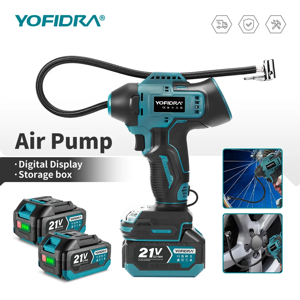 YOFIDRA Digitale Elektrische Luftpumpe, Aufblasbarer Auto-Reifenfüller, Automatischer Luftkompressor, Elektrowerkzeug für Makita-Akkus