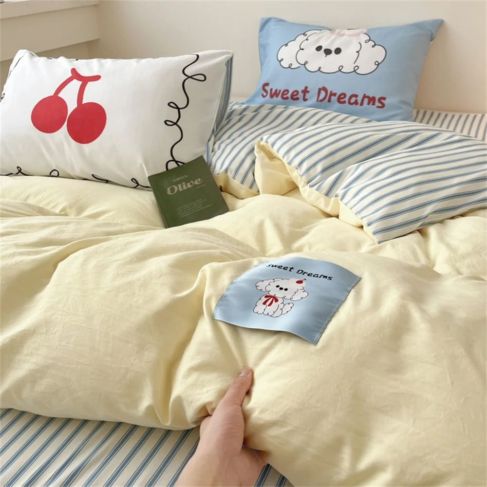 Skin-friendly Washed Cotton Bedding Set Cartoon Duvet Cover Set with Sheet Queen King Size Home Soft Comfortable Four Pieces Set