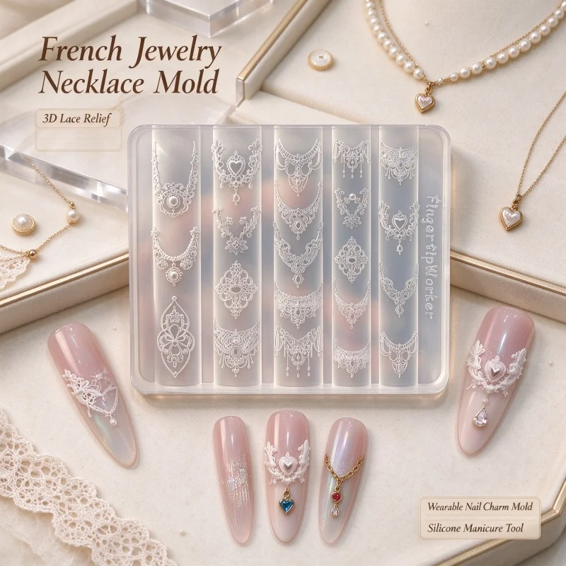 French Jewelry Necklace Lace 3D Embossed Nail Silicone Mold, Vintage Luxury DIY Nail Charm Mold