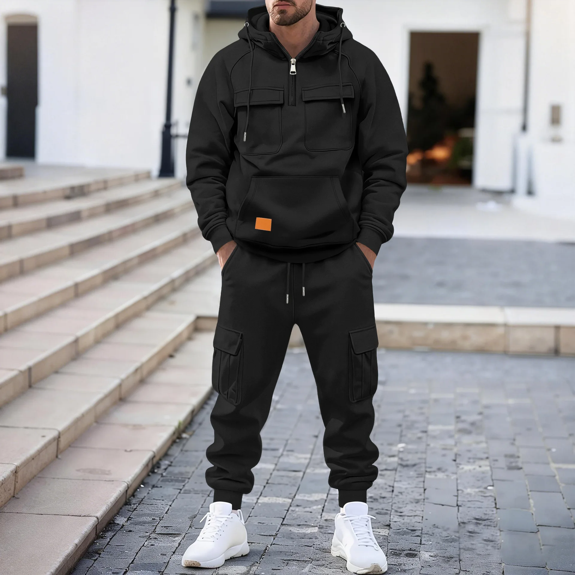 

Мужской осенне-зимний костюм с капюшоном, молодежный свитшот, мужская рабочая одежда, повседневный комплект из свитшота и куртки