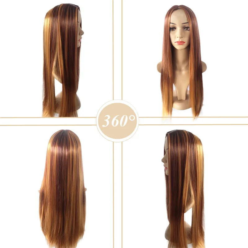 1pc Ladies' Golden Brown Gradient Long Straight Hair, Heat-resistant Synthetic Fiber, Split Button Mesh Wig, 26 Inches, Suitable