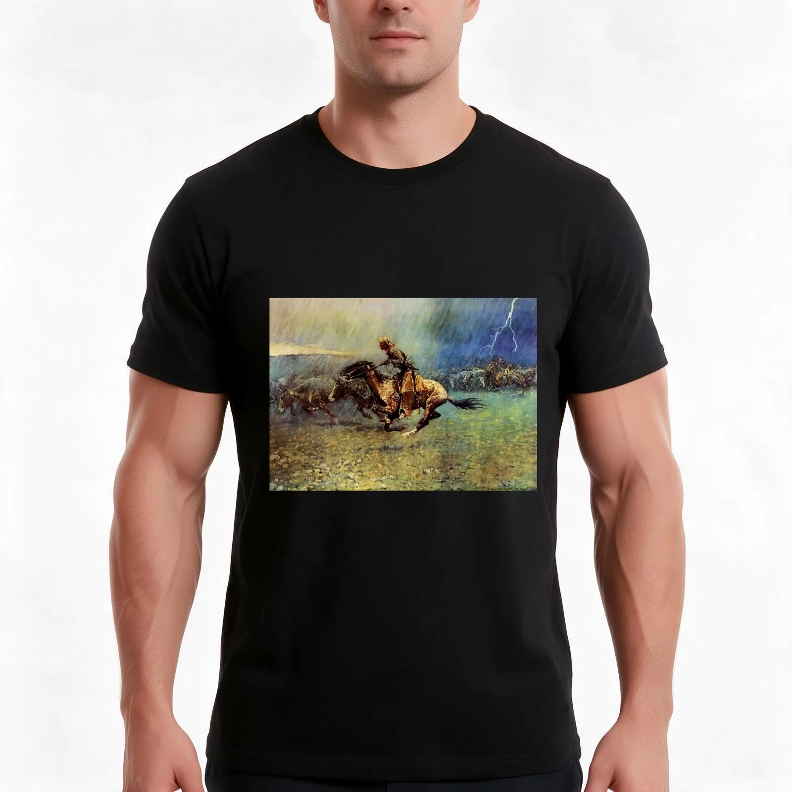 Frederick Remington Western Art “The Stampede” T-Shirt Summer Casual Cotton Tee Oversized Streetwear Tops Unisex Men Women