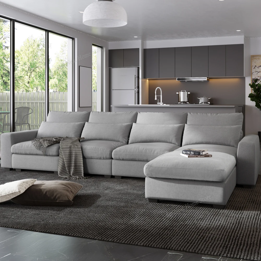

U_Style Modern Large L-Shape Feather Filled Sectional Sofa, Convertible Sofa Couch with Reversible Chaise for Living Room,Gray