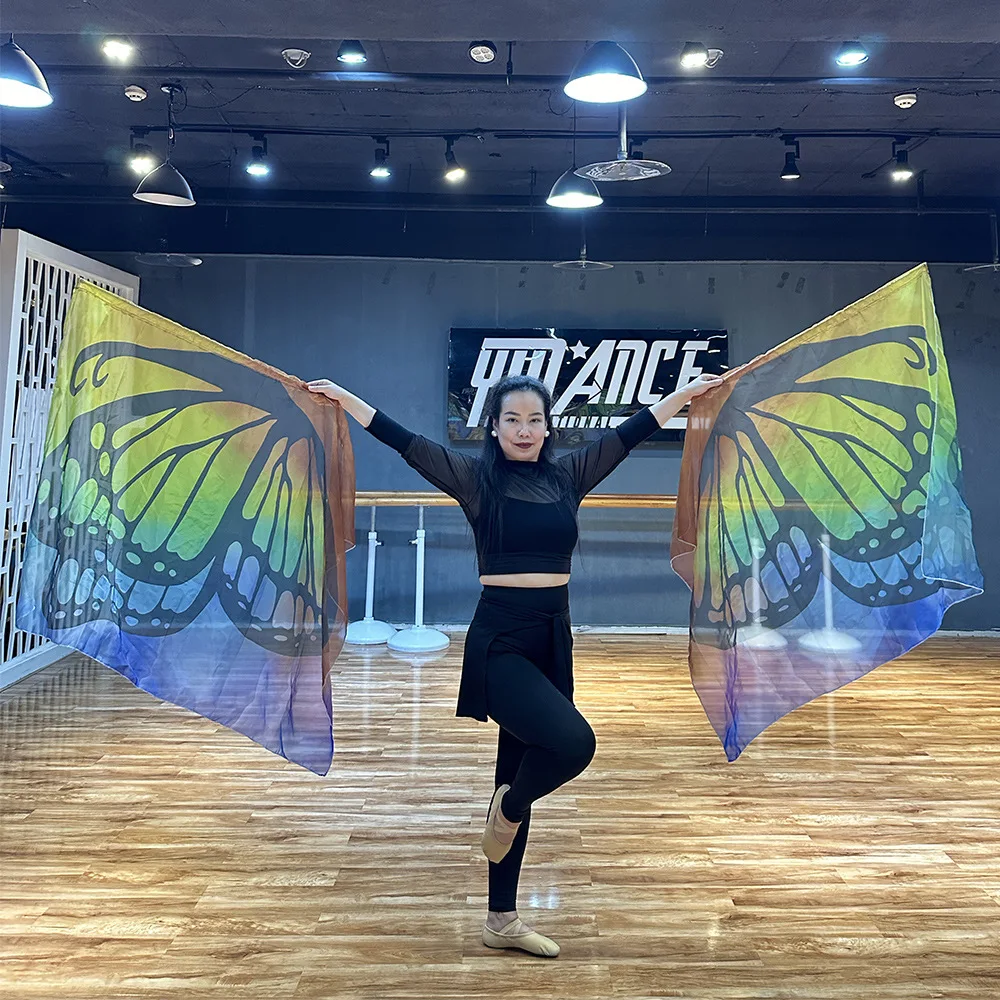 

2 шт. 100 см * 120 см флаги общественного питания для танцев, флаг рабочего корабля с бабочкой для танца, постепенная вуаль, аксессуары для танца живота