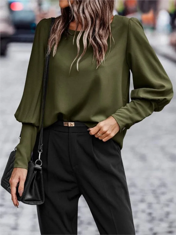 

Spring Woman‘s Fashion Shirts Autumn Solid Color Lantern Sleeves Round Collar Tops Loose Women's Shirt Casual Ladies Clothing