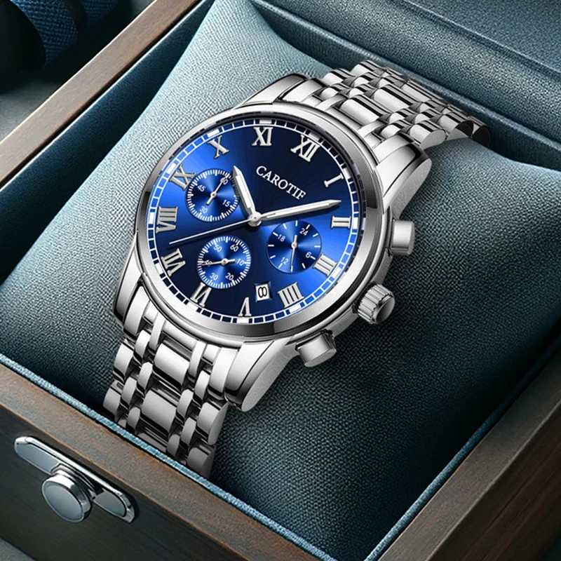 

Мужские современные минималистичные часы-календарь с тремя глазами, синим циферблатом, серебряным стальным ремешком и кварцевым механизмом.