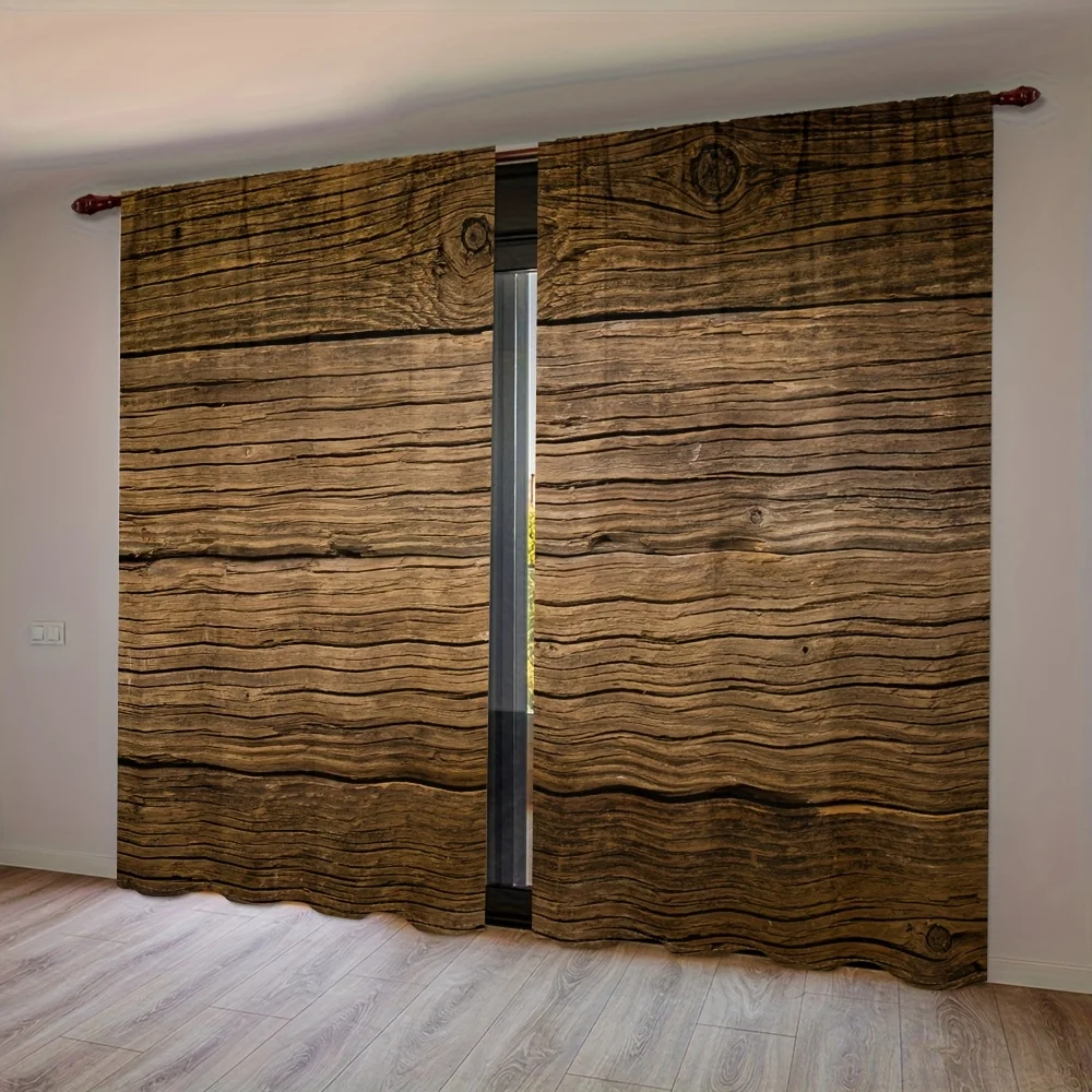 2 Pack Vintage Wood Grain Curtains-Realistic Dark Home Living Room Room Decorative Blinds