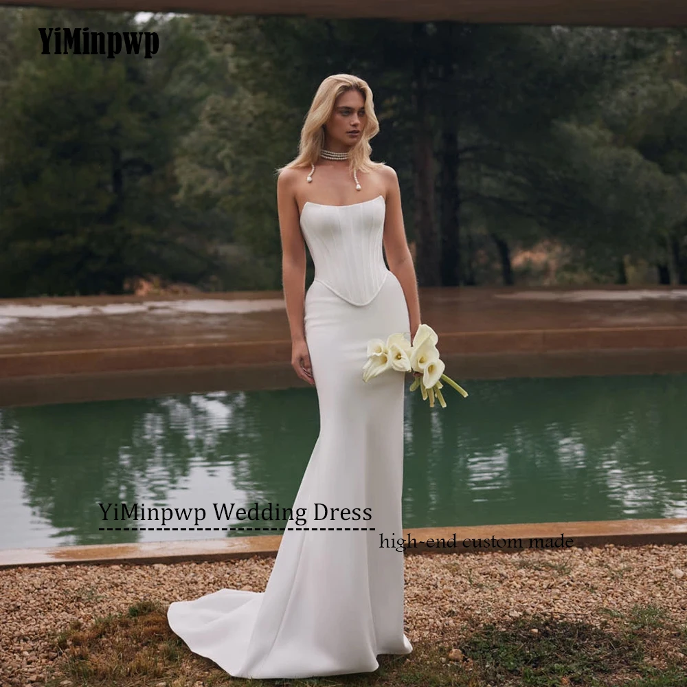 여성을위한 맞춤형 럭셔리 Strapless 인어 웨딩 드레스 2 조각 새틴 스윕 기차 신부 빈티지 신부 가운 Vestidos