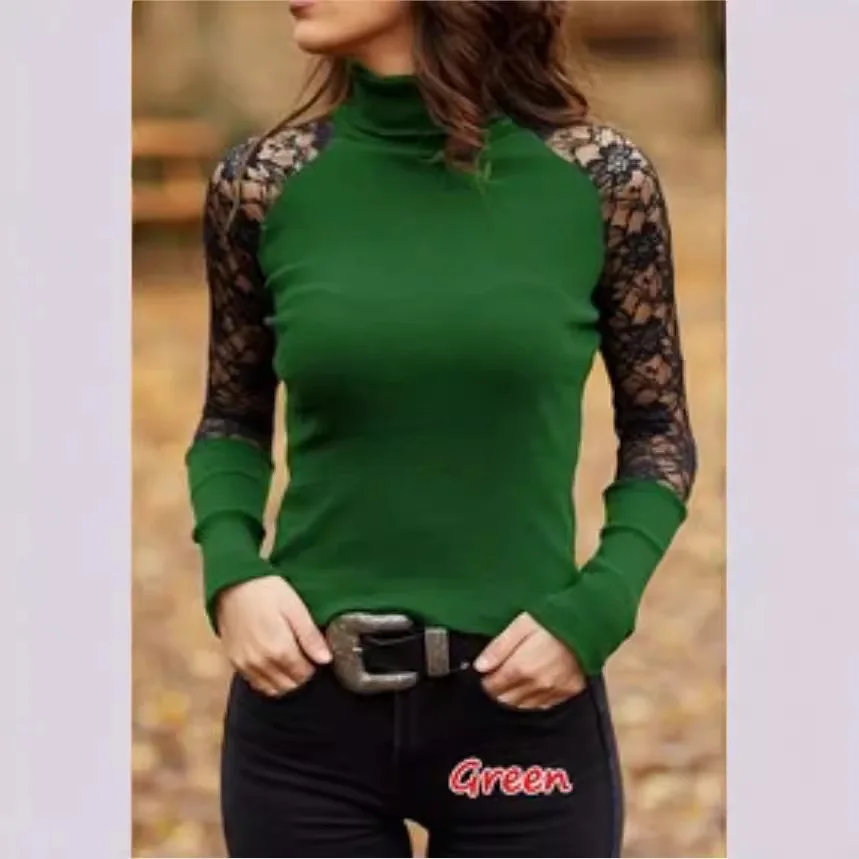 T-shirt da donna Primavera/Estate Nuovo collo alto Casual Lace Splicing Maglietta a maniche lunghe Donna Top