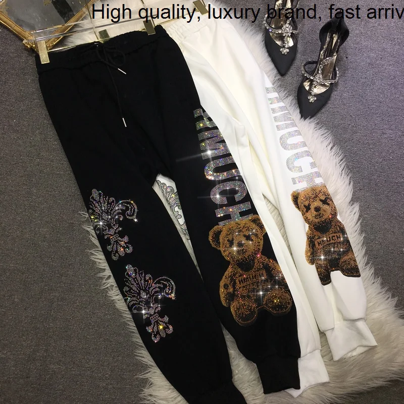 Blingbling Cartoon Luxury Hot Drilling Bear Cute Women Sweatpants 2023 New Spring All-match Elastic Waist Casual Sports Pants