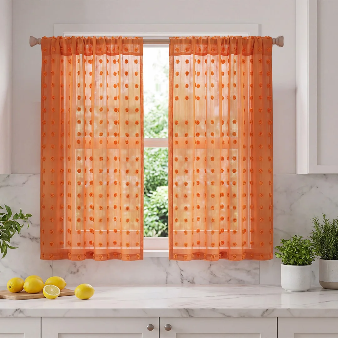 2-Piece Set, Various Colors, Polka Dot Jacquard Kitchen Curtains, Coffee Curtains, Rod Pocket Top, Soft and Lightweight, Easy to Hang, 3D Pom-Pom Design, Natural Light Filtering, Polyester Material, Washable, Cute and Versatile Home Decor for Windows, Suitable for Small Windows, Applicable to Kitchen, Dining Room, Bathroom, Bedroom, Living Room, Office, Bay Windows