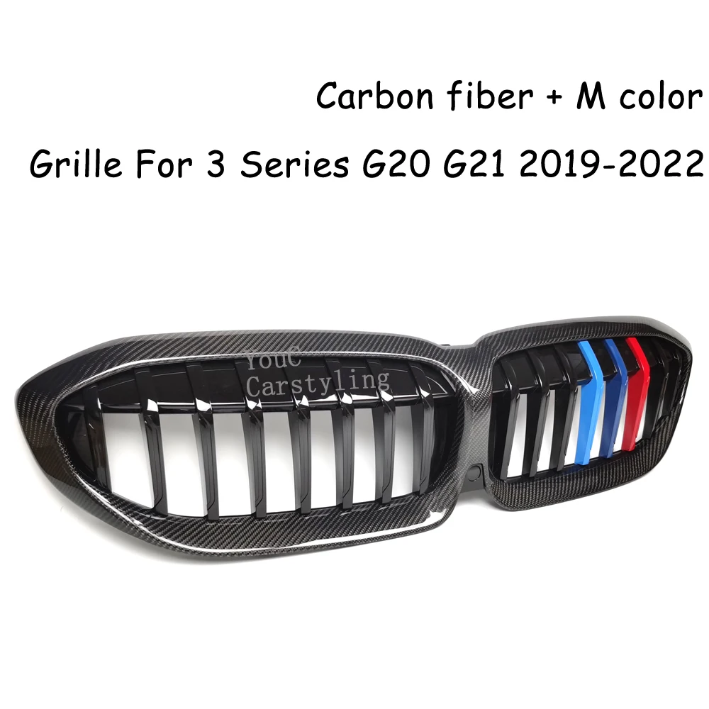 G20 Carbon Fiber 1-Slat Gloss M Color Front Grills Kidney  Replacement Grille For BMW New 3 Series G21 G28 2019 -2022