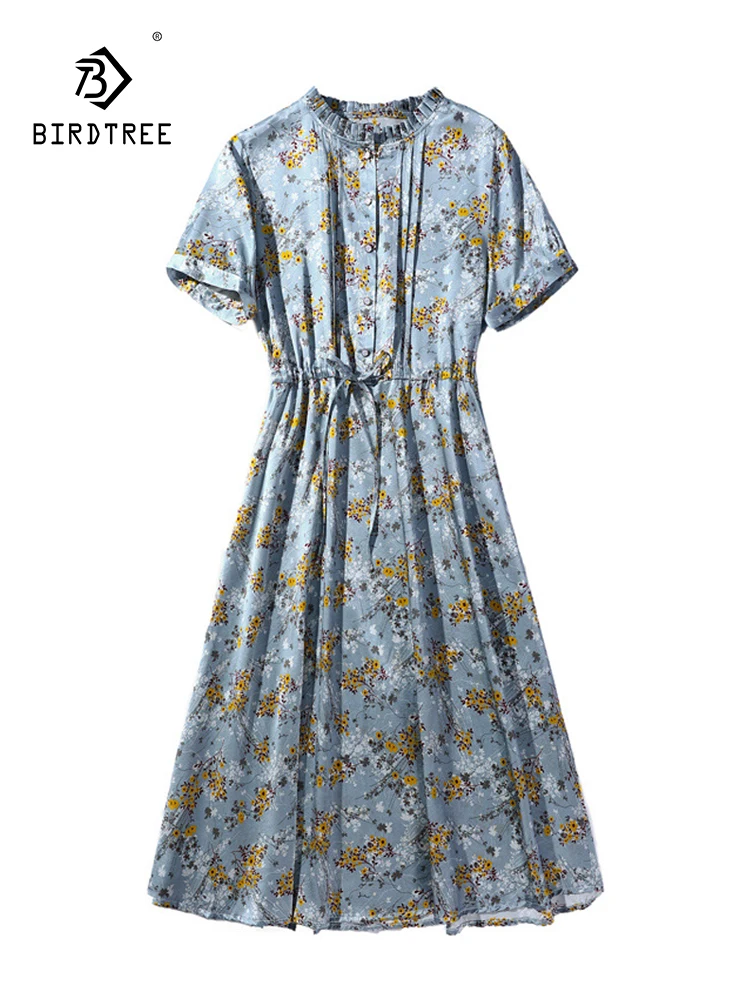 Birdree-Vestidos estampados de seda de morera para mujer, ropa elegante de manga corta con cordones, a la moda, para primavera y verano, D3D006QC, 91.2%