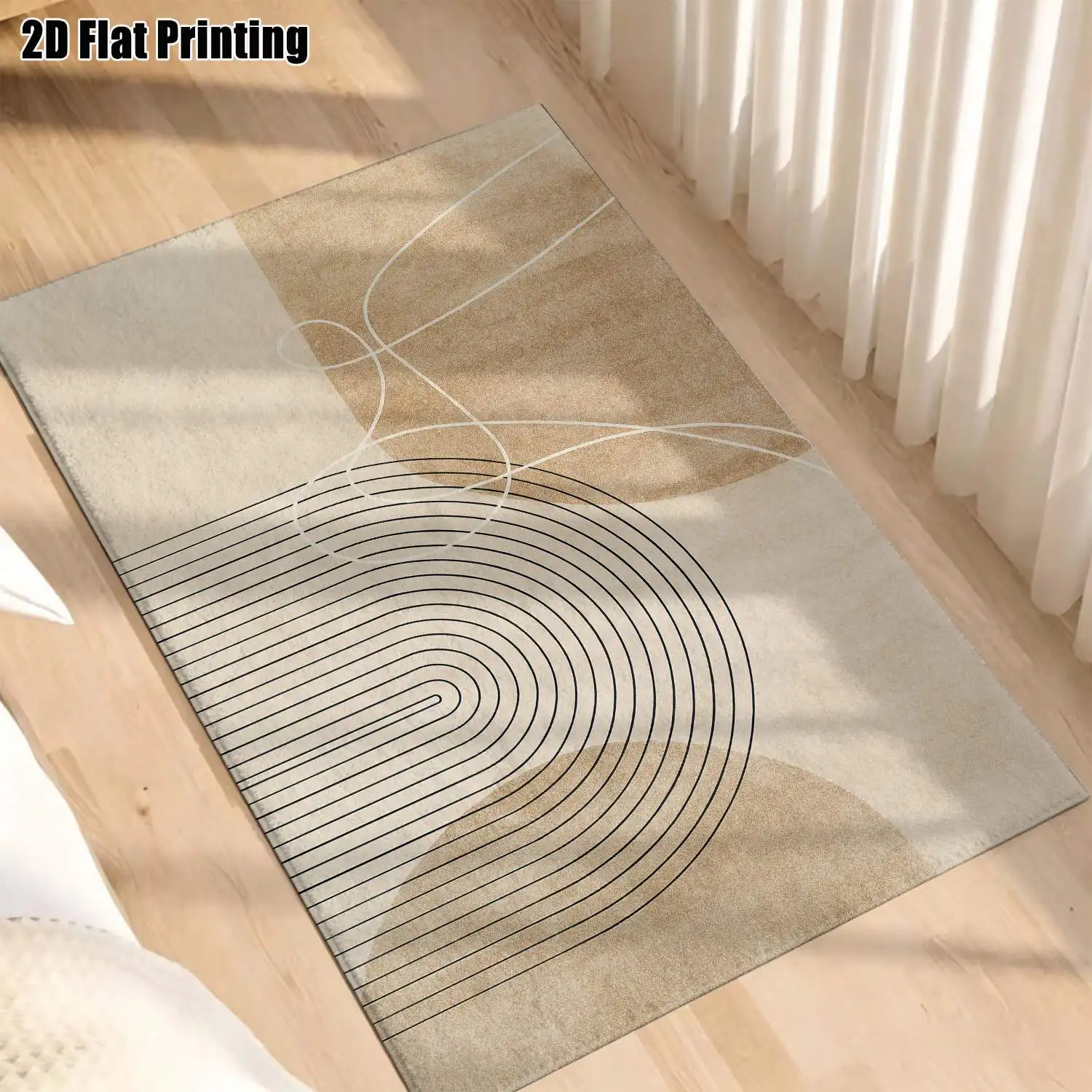 1Pc 2D Printed Beige Geometric Line Nordic-Style Carpet, Instagram-Inspired Modern Minimalist Vintage Floor Mat, Multi-Size Machine Washable Home Decor Rug for Entryway, Dining Room, Foyer, Bedroom, Living Room
