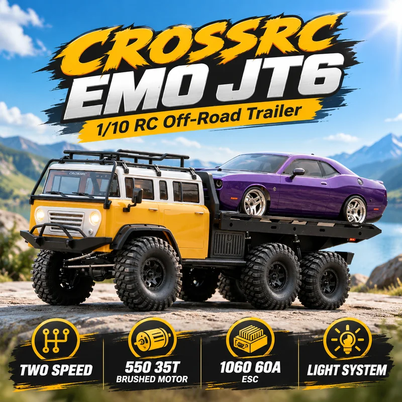 Hot CROSSRC EMO JT6 1/10 Brushed Remote Control Simulation Climbing Off-Road Trailer Electric 6WD RC High Speed Model With Light